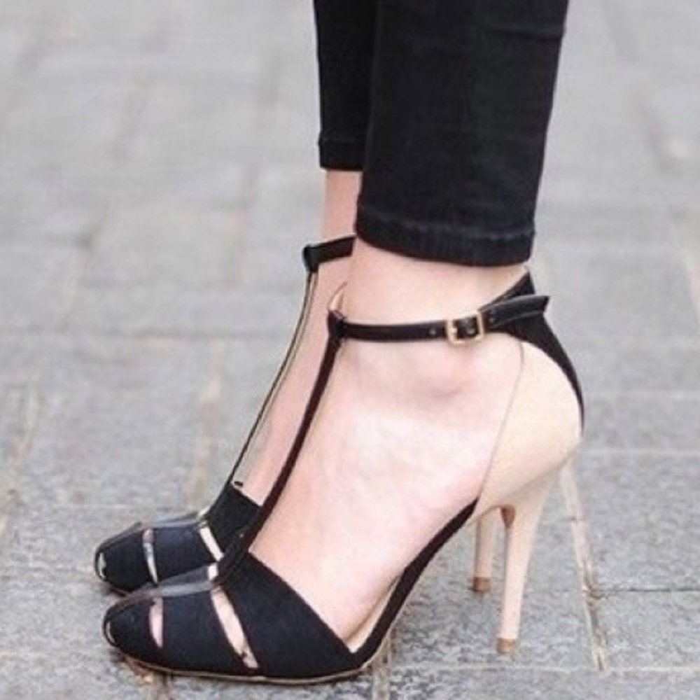 NWOT Zara Black/Tan T-Strap High Heel Sandals | 37